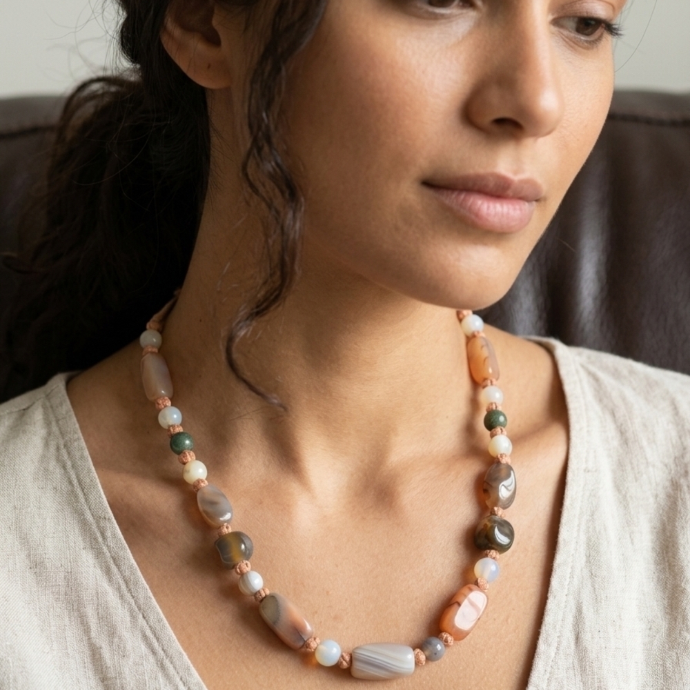 Source Unknown Peach, Cream and Green Agate Bead Necklace